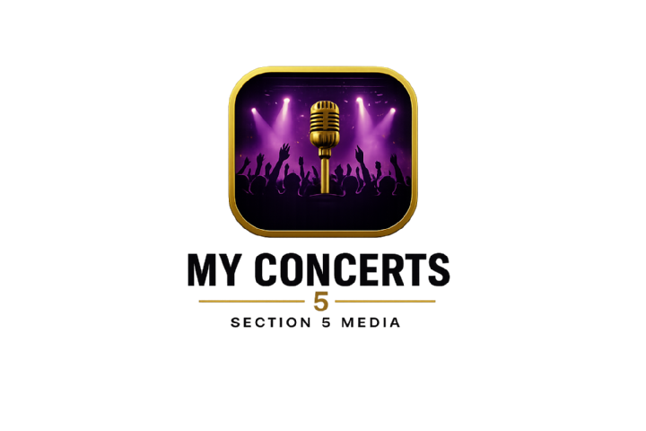 My Concerts — purple concert scene with crowd, stage lights, and a gold vintage microphone