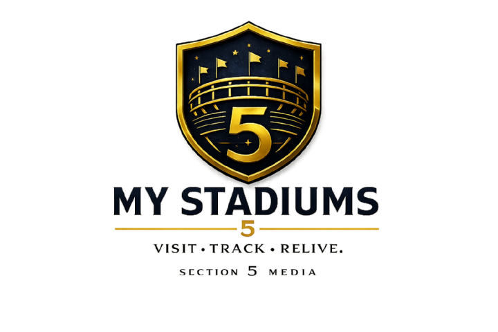 My Stadiums — navy shield with stadium architecture, flags, and an integrated gold 5